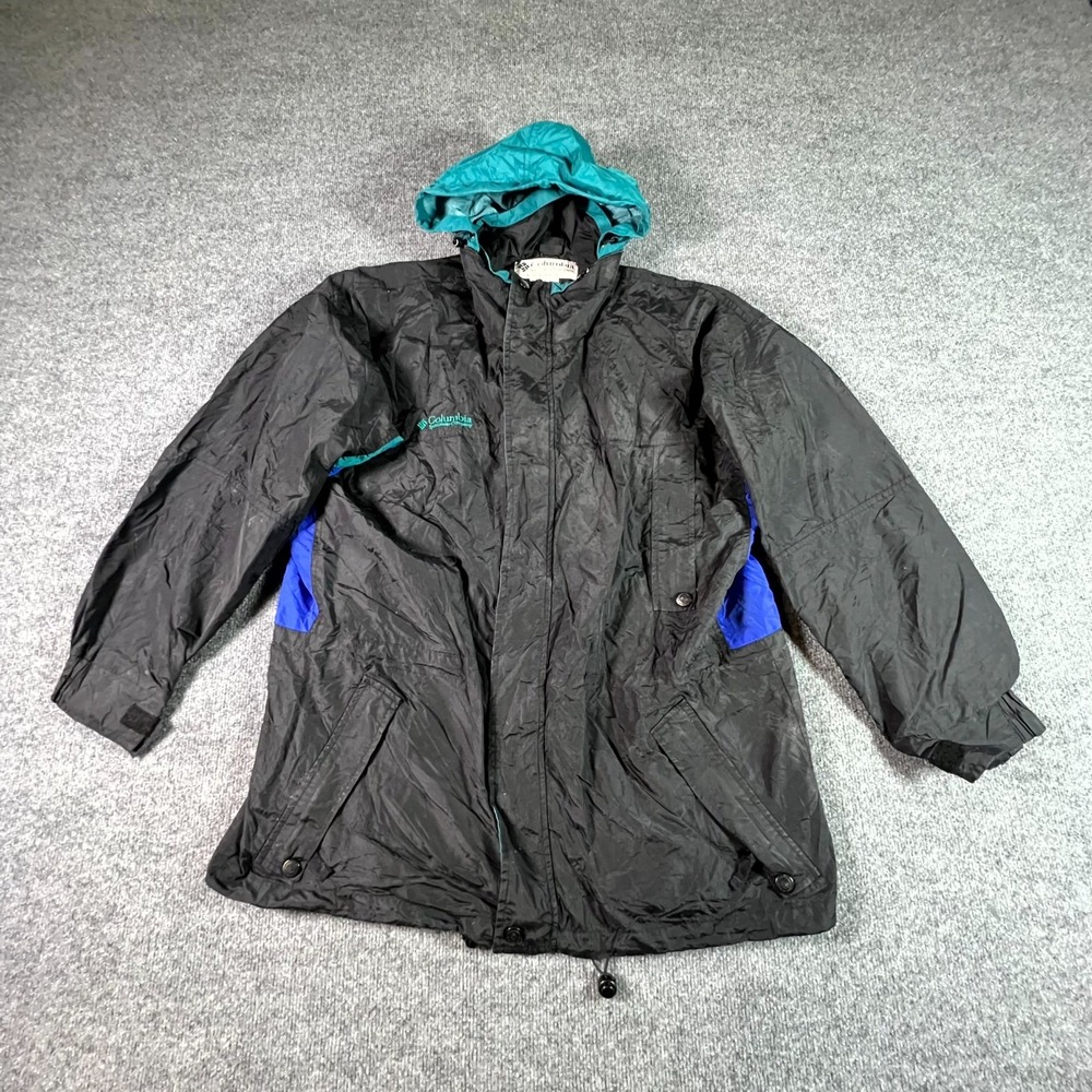Vintage Columbia Long's Peak Parka Jacket Mens Large Black Blue Hooded Gorpcore